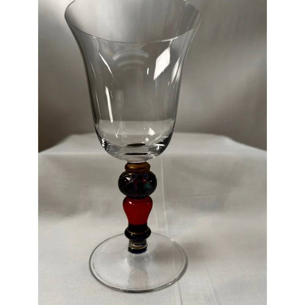 Pier 1 Imports Hand Painted Wine Glasses Set of 3 Harlequin Beaded Stem 7.5 inch